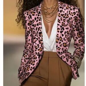 OYROSY Pink Leopard Print Satin Blazer Statement Jacket Small NWT